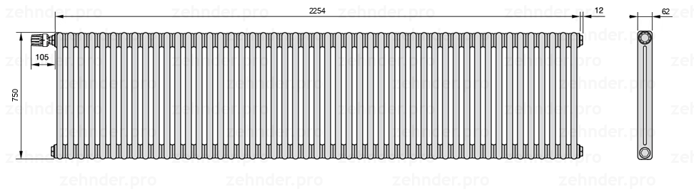 Схема (чертеж) Радиатор Zehnder Charleston 2075/49 №V011 Белый глянцевый RAL 9016